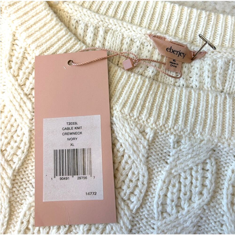 Eberjey Women's Cable Knit Recycled Cotton Sweater Size XL Cream Crewneck NWT - Picture 7 of 9